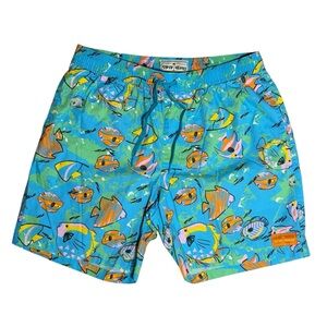 Tipsy Elves Men’s Swim Trunks Size M Tropical Fish Print Drawstring Shorts